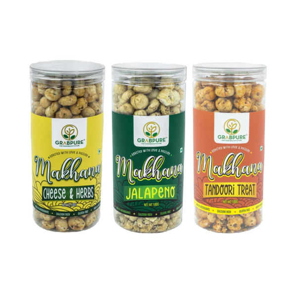 Makhana Snacks/Foxnuts Cheese & Herbs, Jalepeno & Tandoori Treat (100g*3)