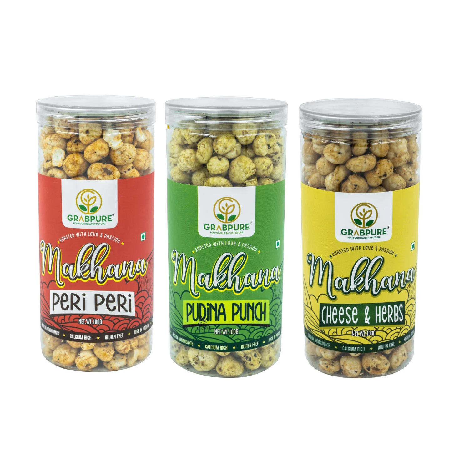 Makhana Snacks/Foxnuts Peri Peri, Pudina Punch & Cheese & Herbs (100g ...