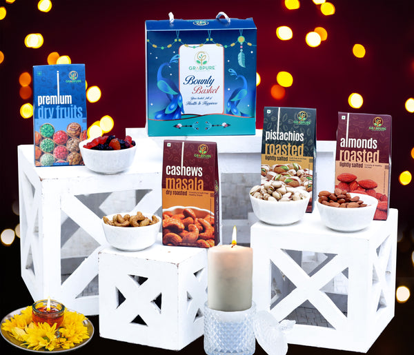 Bounty Basket Diamond with Cashew Masala 100g, Pista Roasted & Salted 100g, Almond Roasted & Salted 100g, Mixed Berries 100g