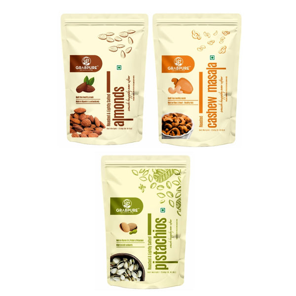 Almonds Roasted & Salted 250g | Cashew Roasted Masala 250g | Pistachios Roasted & Salted 250g - Combo (750g)