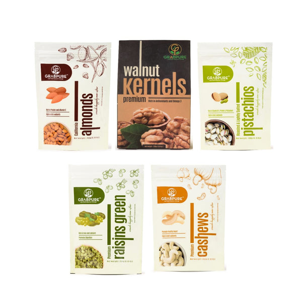 California Almonds 250g | Walnut Kernels 250g | Pistachios 250g | Raisins 250g | Cashews 250g- Combo (Pack of 5)