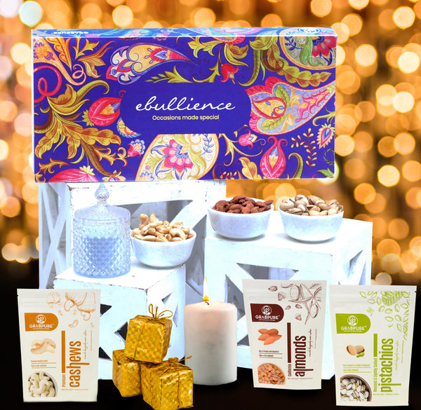 Ebullience Diamond with Cashews 250g, California Almonds 250g, Roasted & Salted Pistachios 250g