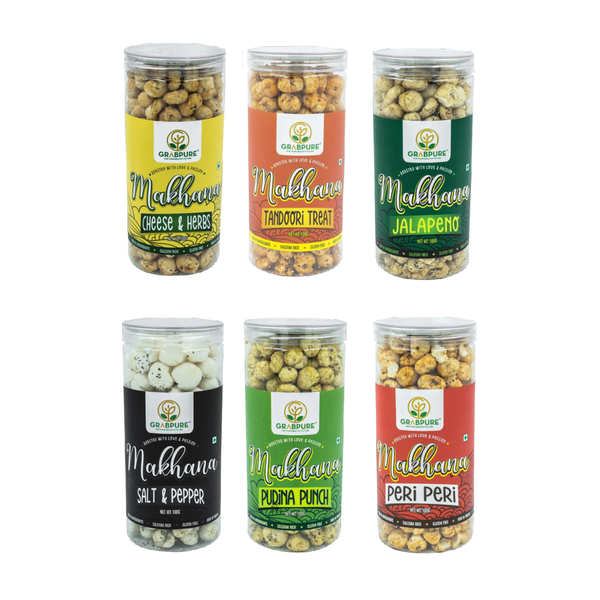 Makhana Snacks/Foxnuts Cheese & Herbs, Peri Peri, Pudina Punch, Salt & Pepper, Tandoori Treat & Jalepeno (100g*6)